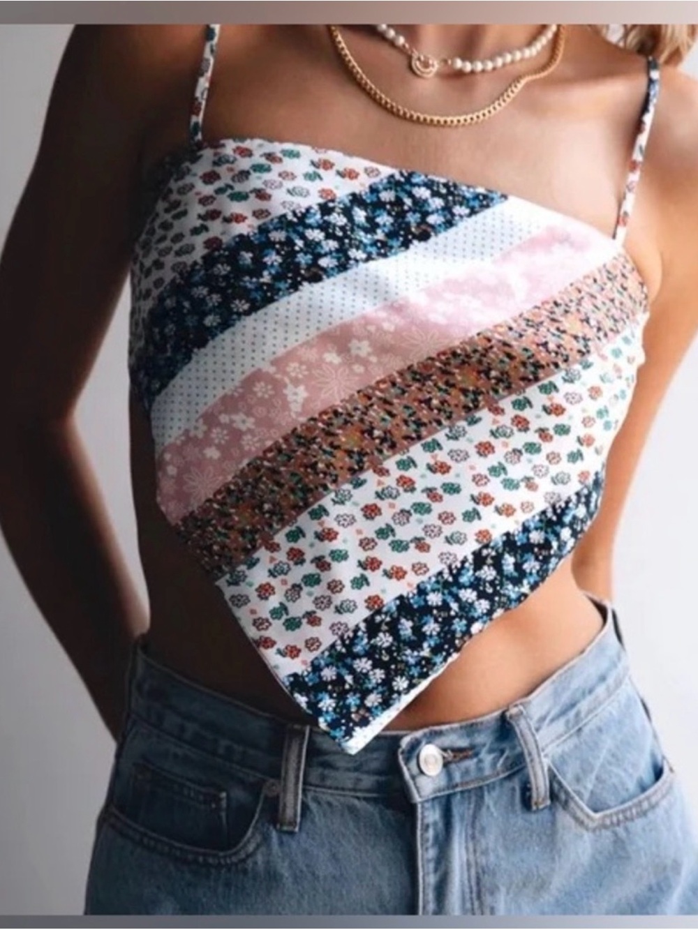 Princess Polly Diagonal Patchwork Bandana Crop Top - Pink, Blue & White